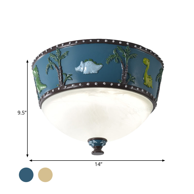 Bowl Opal Glass Ceiling Lamp Kids Blue/Yellow LED Flush Mount with Dinosaur and Tree Pattern in White/Warm Light Clearhalo 'Ceiling Lights' 'Close To Ceiling Lights' 'Close to ceiling' 'Flush mount' Lighting' 1174190