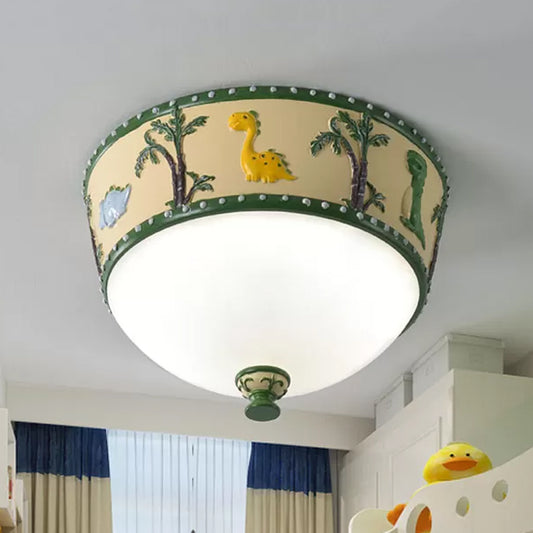 Bowl Opal Glass Ceiling Lamp Kids Blue/Yellow LED Flush Mount with Dinosaur and Tree Pattern in White/Warm Light Yellow Clearhalo 'Ceiling Lights' 'Close To Ceiling Lights' 'Close to ceiling' 'Flush mount' Lighting' 1174191