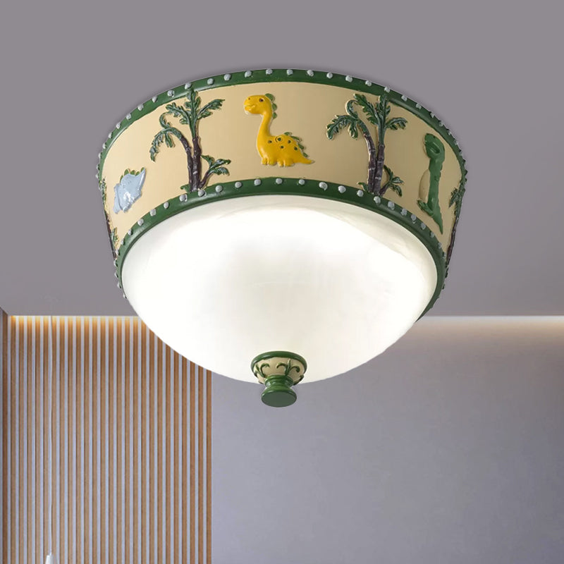 Bowl Opal Glass Ceiling Lamp Kids Blue/Yellow LED Flush Mount with Dinosaur and Tree Pattern in White/Warm Light Clearhalo 'Ceiling Lights' 'Close To Ceiling Lights' 'Close to ceiling' 'Flush mount' Lighting' 1174192