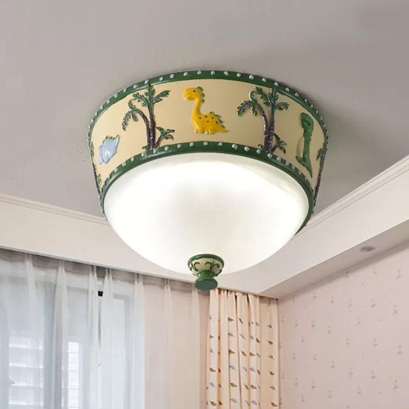 Bowl Opal Glass Ceiling Lamp Kids Blue/Yellow LED Flush Mount with Dinosaur and Tree Pattern in White/Warm Light Clearhalo 'Ceiling Lights' 'Close To Ceiling Lights' 'Close to ceiling' 'Flush mount' Lighting' 1174193