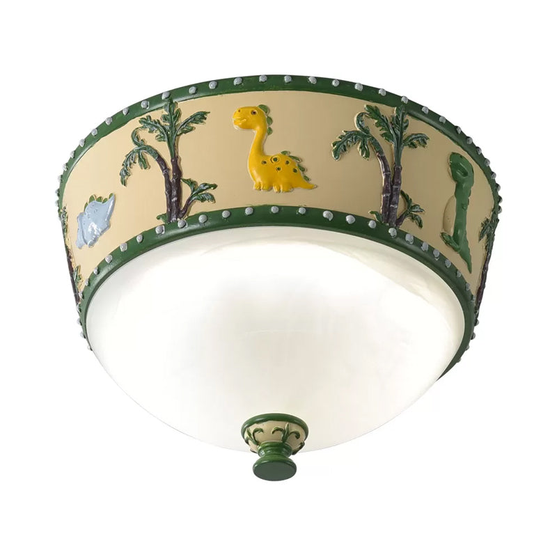 Bowl Opal Glass Ceiling Lamp Kids Blue/Yellow LED Flush Mount with Dinosaur and Tree Pattern in White/Warm Light Clearhalo 'Ceiling Lights' 'Close To Ceiling Lights' 'Close to ceiling' 'Flush mount' Lighting' 1174194