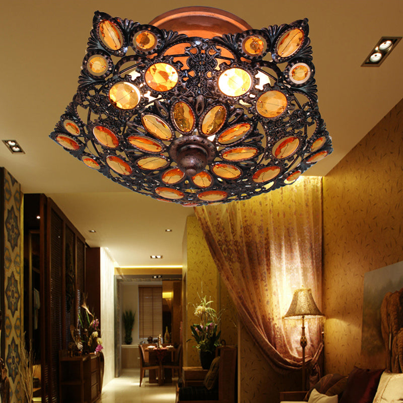 Metal Shade Brass Flushmount Lighting Hollow 3 Heads Bohemian Ceiling Mount for Hotel Clearhalo 'Ceiling Lights' 'Close To Ceiling Lights' 'Close to ceiling' 'Flush mount' Lighting' 1174226