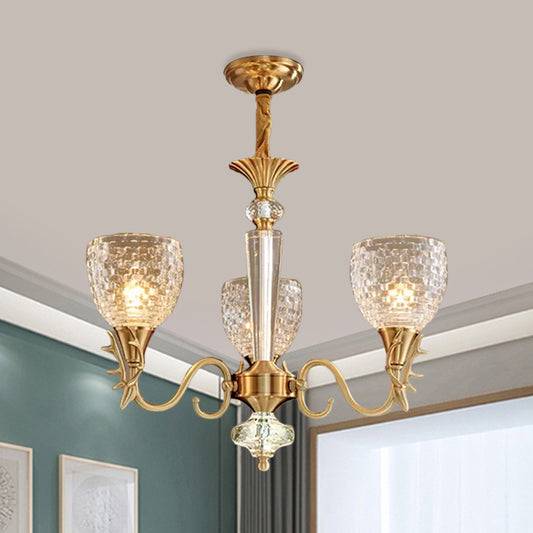 Bell Dining Room Up Chandelier Modern Gridded K9 Crystal 3 Lights Brass Hanging Pendant Brass Clearhalo 'Ceiling Lights' 'Chandeliers' 'Modern Chandeliers' 'Modern' Lighting' 1174351