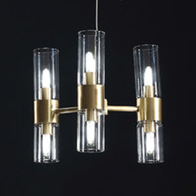 Clear Cylindrical Shade Chandelier 6/16 Lights Post Modern Glass Hanging Pendant Light 6 Gold Clearhalo 'Ceiling Lights' 'Chandeliers' 'Modern Chandeliers' 'Modern' Lighting' 117692