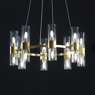 Clear Cylindrical Shade Chandelier 6/16 Lights Post Modern Glass Hanging Pendant Light 16 Gold Clearhalo 'Ceiling Lights' 'Chandeliers' 'Modern Chandeliers' 'Modern' Lighting' 117694