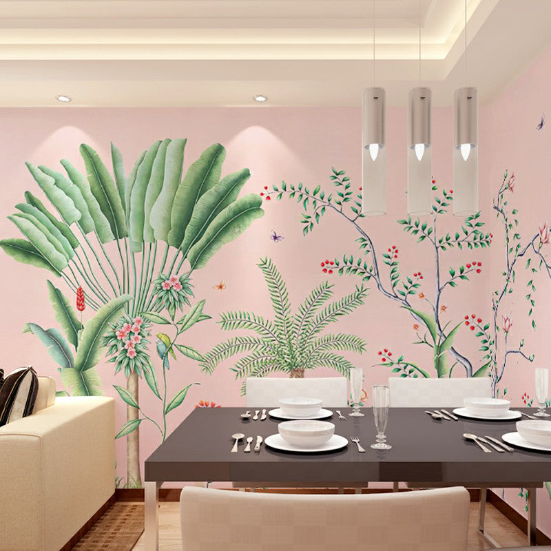 Tropics Plant Wall Murals for Restaurant Personalized Wall Covering in Pink and Green Pink-Green Clearhalo 'Wall Decor' 'Wall Mural' 1180824