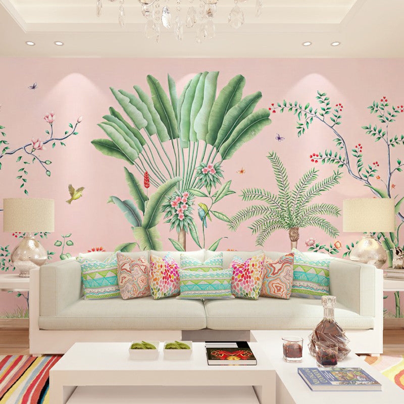 Tropics Plant Wall Murals for Restaurant Personalized Wall Covering in Pink and Green Clearhalo 'Wall Decor' 'Wall Mural' 1180825