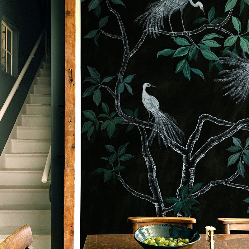 Waterproof Peacock and Tree Murals Asian Non-Woven Fabric Wall Art, Made to Measure Black Clearhalo 'Wall Decor' 'Wall Mural' 1180902