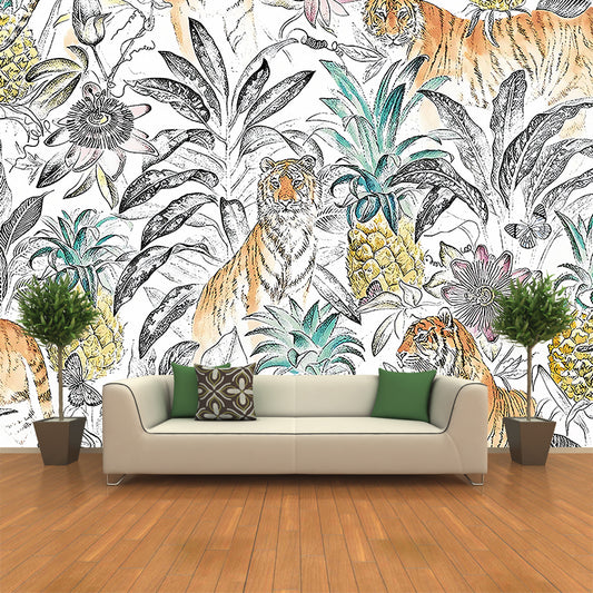 Tropical Tigers and Plant Mural for Home Decor Customized Wall Covering in White Clearhalo 'Wall Decor' 'Wall Mural' 1180913