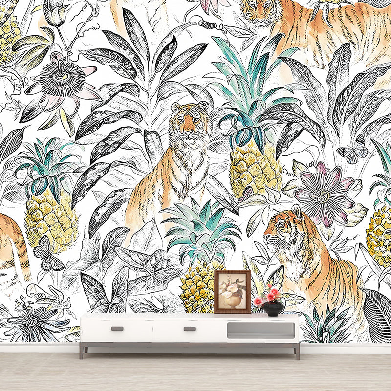 Tropical Tigers and Plant Mural for Home Decor Customized Wall Covering in White Clearhalo 'Wall Decor' 'Wall Mural' 1180914