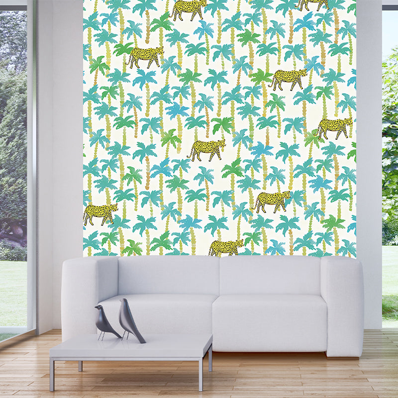 Yellow-Blue Tropical Mural Wallpaper Large Jungle Leopard Printed Wall Decor for Home Yellow-Blue Clearhalo 'Wall Decor' 'Wall Mural' 1180937