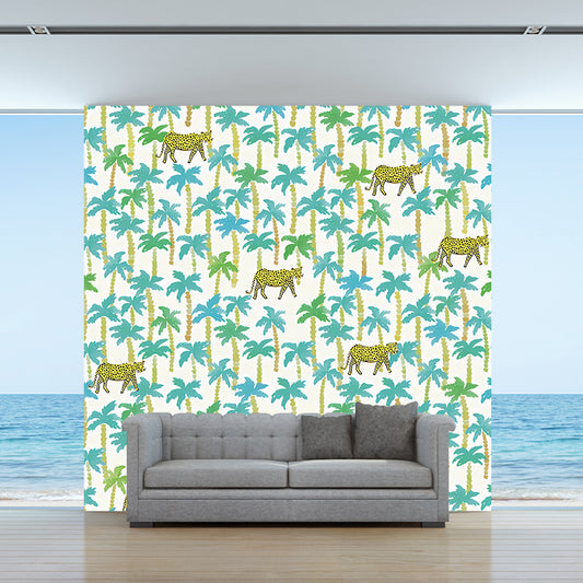 Yellow-Blue Tropical Mural Wallpaper Large Jungle Leopard Printed Wall Decor for Home Clearhalo 'Wall Decor' 'Wall Mural' 1180938