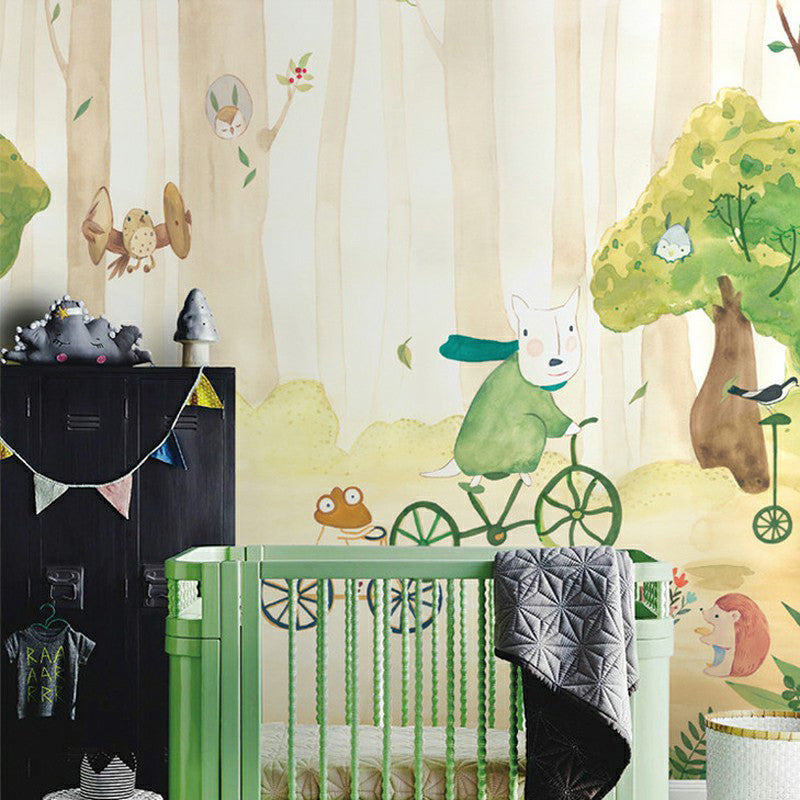 Cartoon Animals Wallpaper Murals Childrens Art Smooth Wall Covering for Baby Room Yellow-Green Clearhalo 'Wall Decor' 'Wall Mural' 1180977