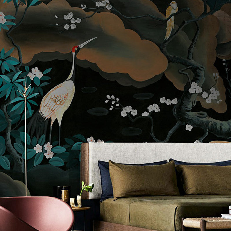 Asia Red-Crown Crane Mural for Accent Wall Personalized Wall Covering in Black-Green Clearhalo 'Wall Decor' 'Wall Mural' 1181008