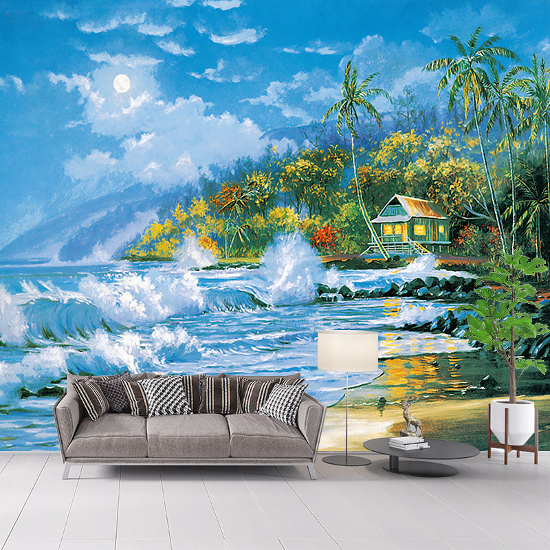 Aqua Sea Shore House Murals Stain Resistant Classic Bedroom Wall Decoration, Non-Woven Aqua Clearhalo 'Wall Decor' 'Wall Mural' 1181045