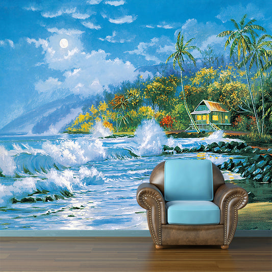 Aqua Sea Shore House Murals Stain Resistant Classic Bedroom Wall Decoration, Non-Woven Clearhalo 'Wall Decor' 'Wall Mural' 1181046