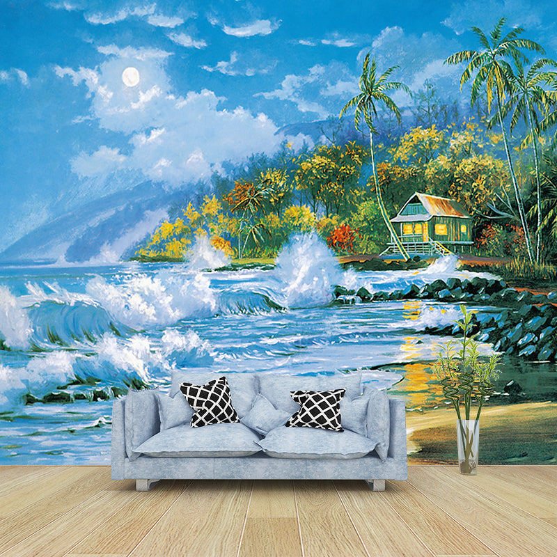 Aqua Sea Shore House Murals Stain Resistant Classic Bedroom Wall Decoration, Non-Woven Clearhalo 'Wall Decor' 'Wall Mural' 1181047