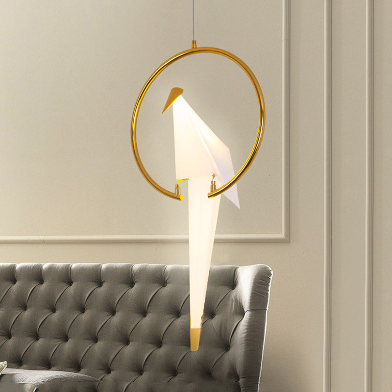 White Birdie Pendant Light Modernist Style LED Plastic Ceiling Fixture with Metal Ring in Warm/White Light White White Clearhalo 'Ceiling Lights' 'Modern Pendants' 'Modern' 'Pendant Lights' 'Pendants' Lighting' 118350