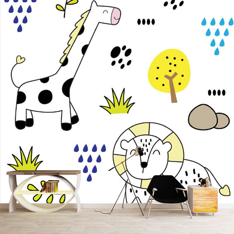 Animals Pattern Wall Paper Murals Cartoon Stain Resistant Nursery Wall Art, Custom Made Yellow-White Clearhalo 'Wall Decor' 'Wall Mural' 1183719