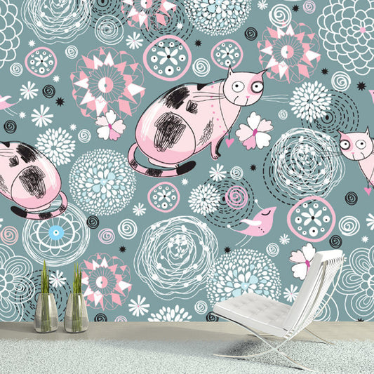 Stain-Resistant Murals Wallpaper Childrens Art Non-Woven Material Wall Decor with Cat and Flower Pattern Clearhalo 'Wall Decor' 'Wall Mural' 1183735