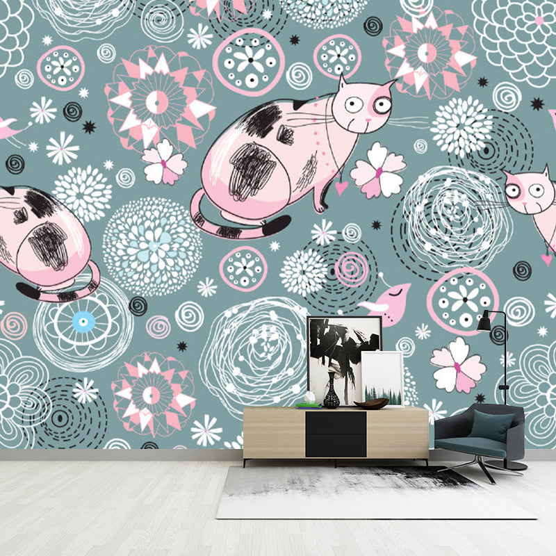 Stain-Resistant Murals Wallpaper Childrens Art Non-Woven Material Wall Decor with Cat and Flower Pattern Clearhalo 'Wall Decor' 'Wall Mural' 1183736