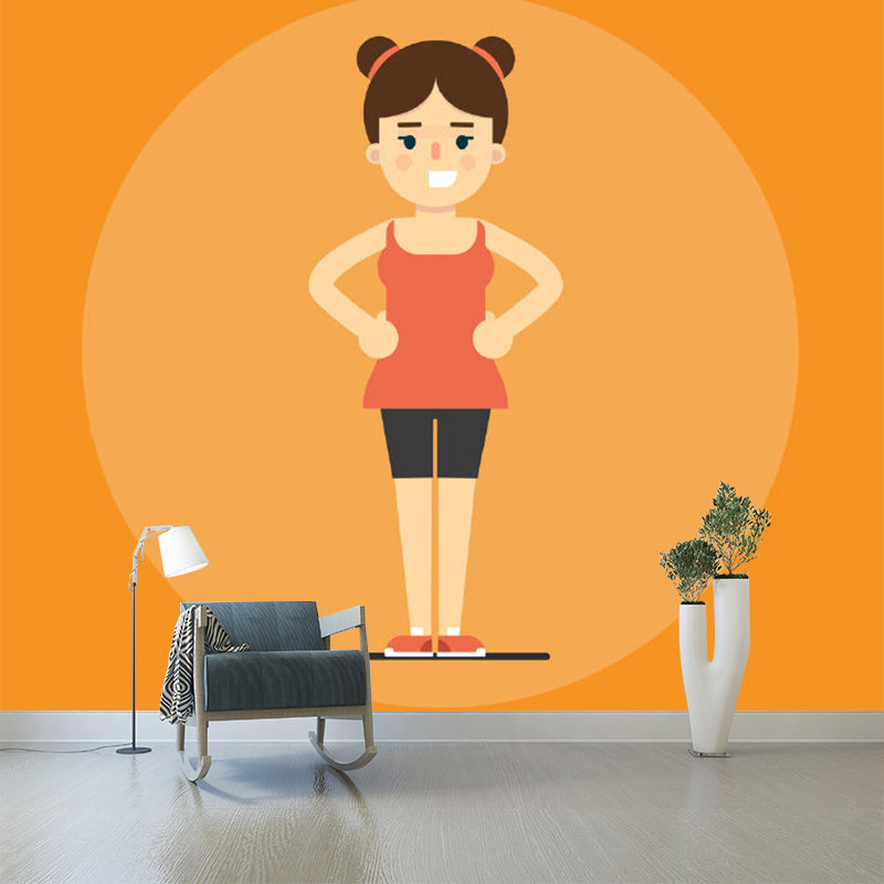 Aqua Cartoon Mural Wallpaper Full Size Fitness Girl Pattern Wall Art for Bedroom Decoration Orange Clearhalo 'Wall Decor' 'Wall Mural' 1183794