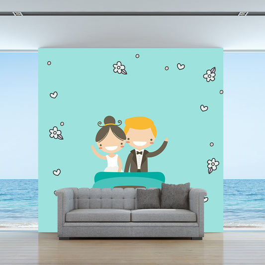 Aqua Couples Pattern Mural Cartoon Childrens Art Stain Resistant Wall Decoration for Bedroom Clearhalo 'Wall Decor' 'Wall Mural' 1183850