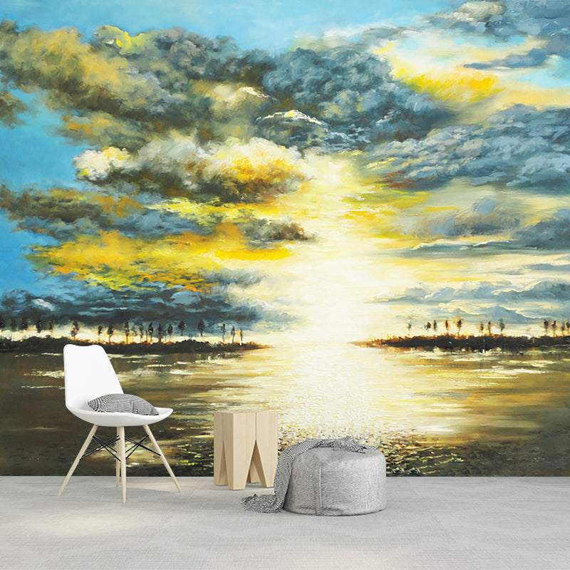 Sunrise Lake Scenic Wall Murals Classical Smooth Wall Covering in Yellow-Blue, Stain Proof Yellow-Blue Clearhalo 'Wall Decor' 'Wall Mural' 1184154