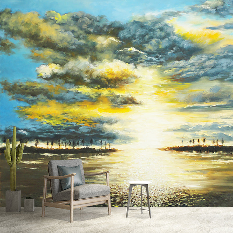 Sunrise Lake Scenic Wall Murals Classical Smooth Wall Covering in Yellow-Blue, Stain Proof Clearhalo 'Wall Decor' 'Wall Mural' 1184155