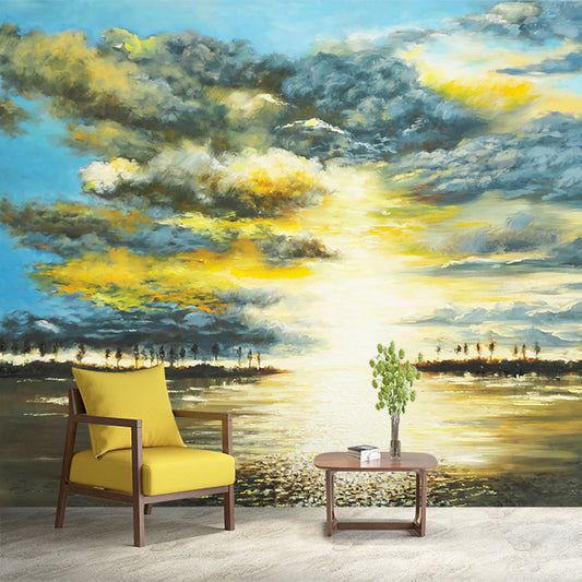 Sunrise Lake Scenic Wall Murals Classical Smooth Wall Covering in Yellow-Blue, Stain Proof Clearhalo 'Wall Decor' 'Wall Mural' 1184156