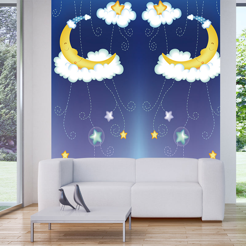 Cartoon Kids Wallpaper Murals with Moon-Star on Cloud Bed Pattern Yellow and Blue Wall Art Yellow-Blue Clearhalo 'Wall Decor' 'Wall Mural' 1185824