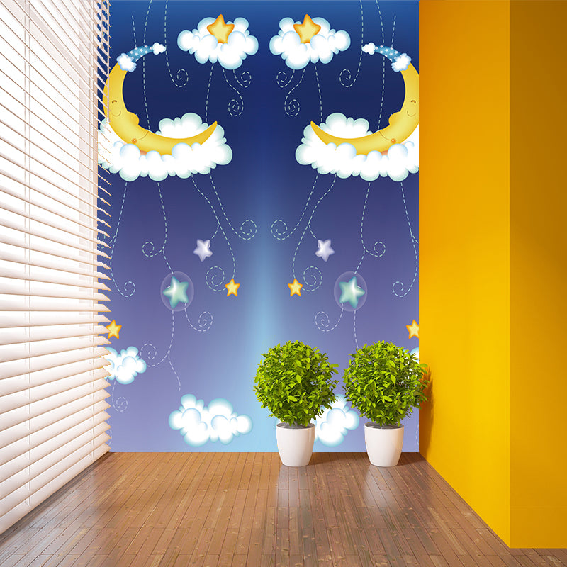 Cartoon Kids Wallpaper Murals with Moon-Star on Cloud Bed Pattern Yellow and Blue Wall Art Clearhalo 'Wall Decor' 'Wall Mural' 1185825