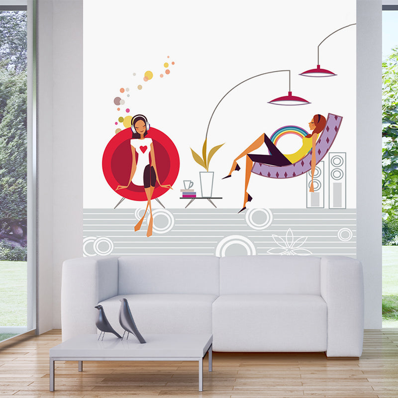 Stylish Girls Leisure Time Murals Red and White Water Resistant Wall Decoration for Bedroom Red-White Clearhalo 'Wall Decor' 'Wall Mural' 1185844