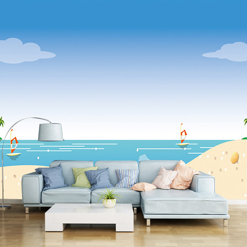 Beach Scenery Wall Mural Decal Childrens Art Smooth Wall Decor in Yellow-Blue, Non-Woven Yellow-Blue Clearhalo 'Wall Decor' 'Wall Mural' 1185854