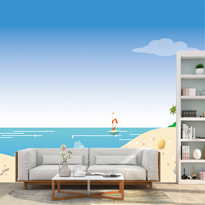 Beach Scenery Wall Mural Decal Childrens Art Smooth Wall Decor in Yellow-Blue, Non-Woven Clearhalo 'Wall Decor' 'Wall Mural' 1185855