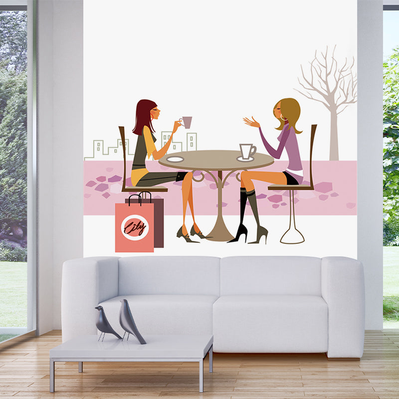 Washable Girls Coffee Chat Mural Non-Woven Fabric Wall Art for Bedroom Decoration, Pink-White Pink-White Clearhalo 'Wall Decor' 'Wall Mural' 1185864