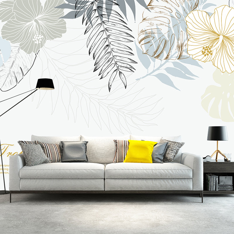 Tropix Watercolor Leaf Mural Wallpaper Grey-White Stain Resistant Wall Art for Home Gray-White Clearhalo 'Wall Decor' 'Wall Mural' 1185879