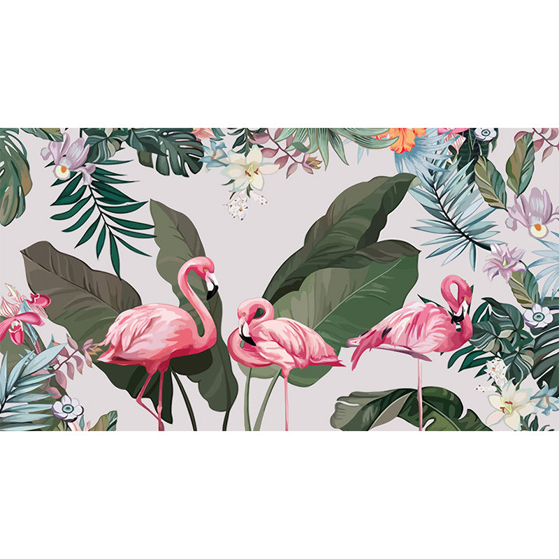 Tropical Flamingo Wall Murals Pink and Green Plants Wall Covering for Bedroom Decor Clearhalo 'Wall Decor' 'Wall Mural' 1185887