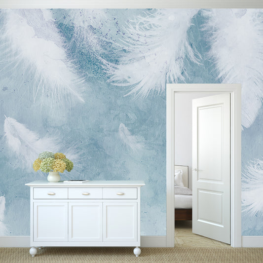 White Feather Wall Mural Decal Water Resistant Modernist Bedroom Wall Art on Blue Clearhalo 'Wall Decor' 'Wall Mural' 1185910