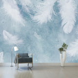 White Feather Wall Mural Decal Water Resistant Modernist Bedroom Wall Art on Blue Clearhalo 'Wall Decor' 'Wall Mural' 1185911