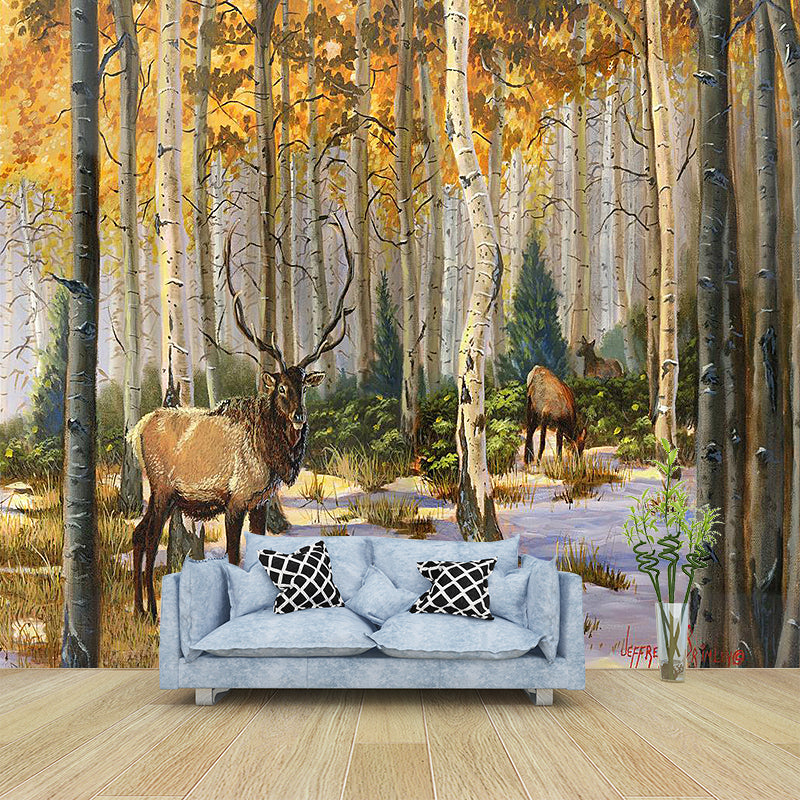 Yellow-Brown Modern Wall Mural Decal Whole Elk in the Forest Wall Covering for Home Yellow-Brown Clearhalo 'Wall Decor' 'Wall Mural' 1185914