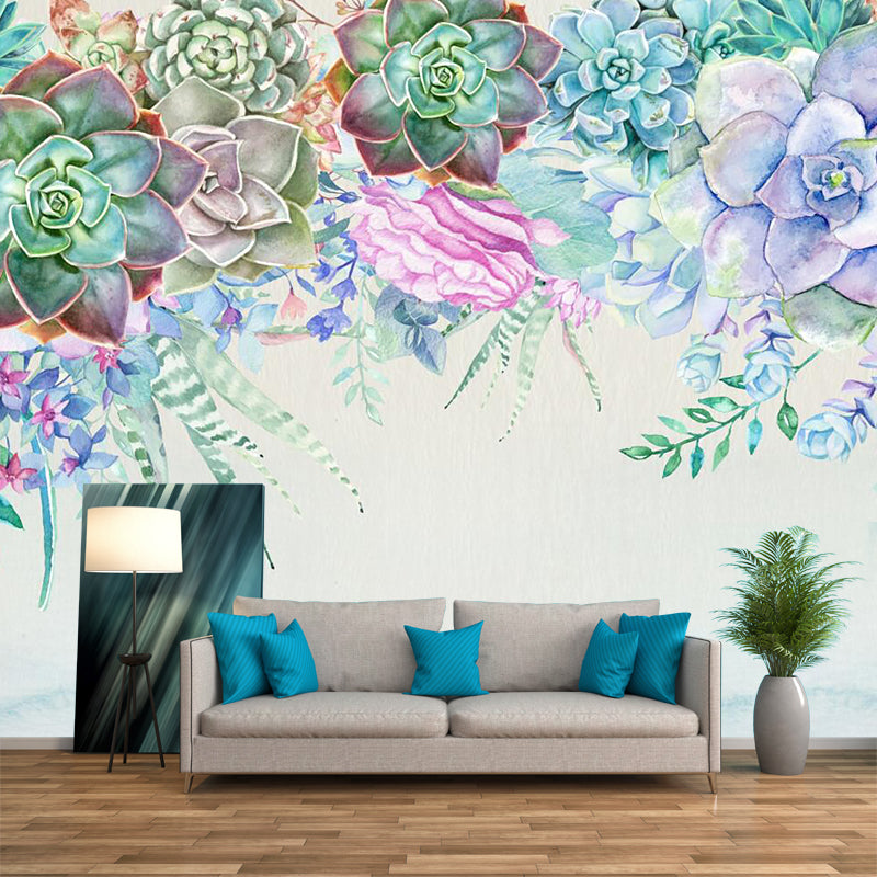 Succulent Plants Mural Wallpaper in Blue and Green, Contemporary Wall Art for Living Room Blue-Green Clearhalo 'Wall Decor' 'Wall Mural' 1186024