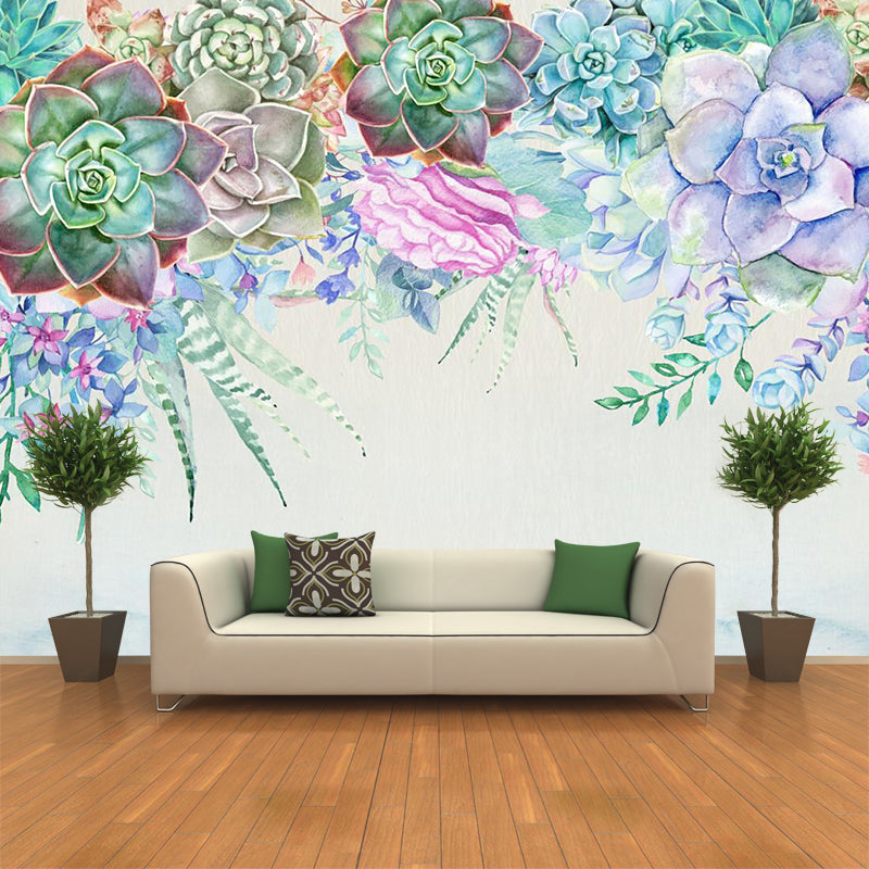 Succulent Plants Mural Wallpaper in Blue and Green, Contemporary Wall Art for Living Room Clearhalo 'Wall Decor' 'Wall Mural' 1186025