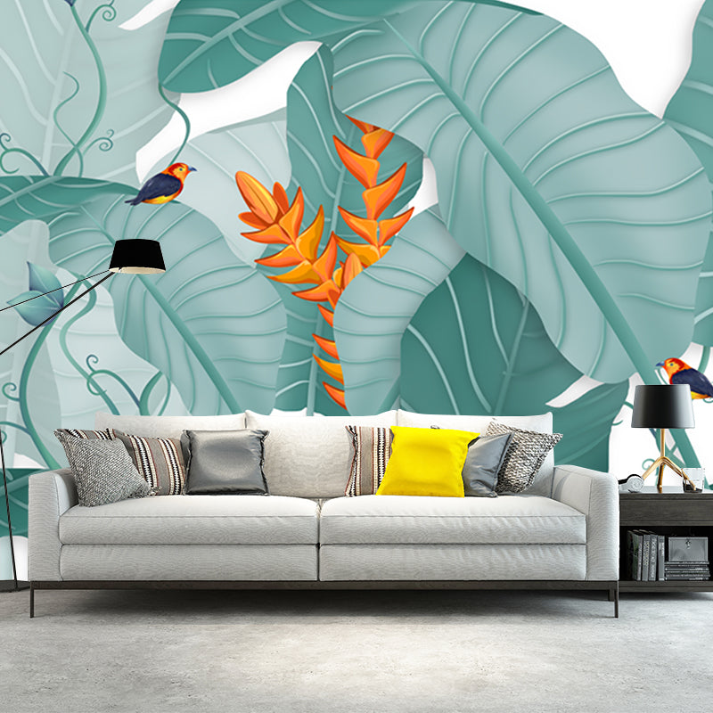 Tropics Plant Banana Leaves Mural Green Stain Resistant Wall Art for Living Room Green Clearhalo 'Wall Decor' 'Wall Mural' 1186079