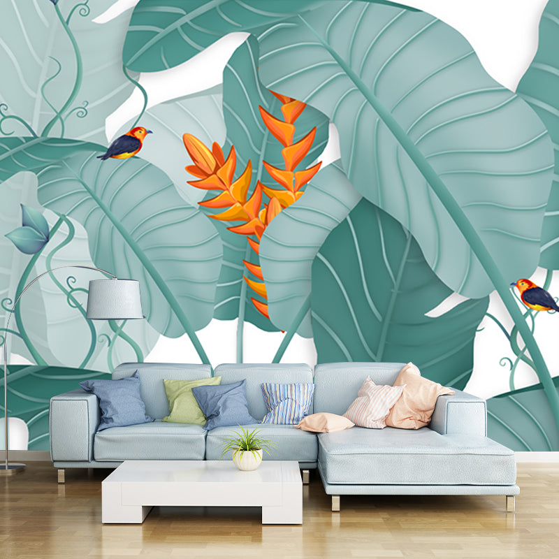 Tropics Plant Banana Leaves Mural Green Stain Resistant Wall Art for Living Room Clearhalo 'Wall Decor' 'Wall Mural' 1186080