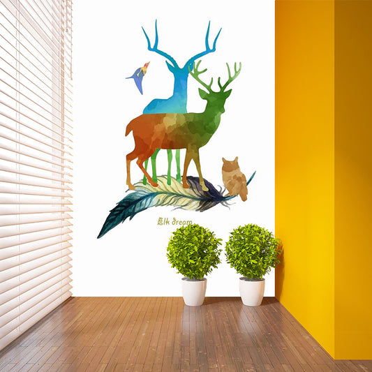 Aesthetics Deer Wall Decal Mural Red-Blue-Green Stain Resistant Wall Art for Bedroom Clearhalo 'Wall Decor' 'Wall Mural' 1186220