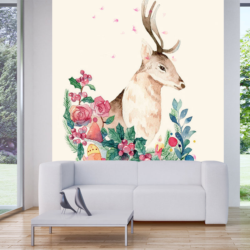 Artistic Deer Wall Covering Murals Pink and Green Flower Wall Decor for Living Room Pink-Green Clearhalo 'Wall Decor' 'Wall Mural' 1186224