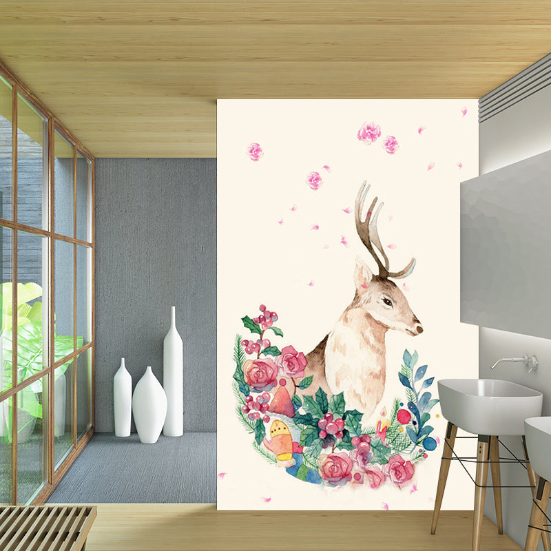 Artistic Deer Wall Covering Murals Pink and Green Flower Wall Decor for Living Room Clearhalo 'Wall Decor' 'Wall Mural' 1186226