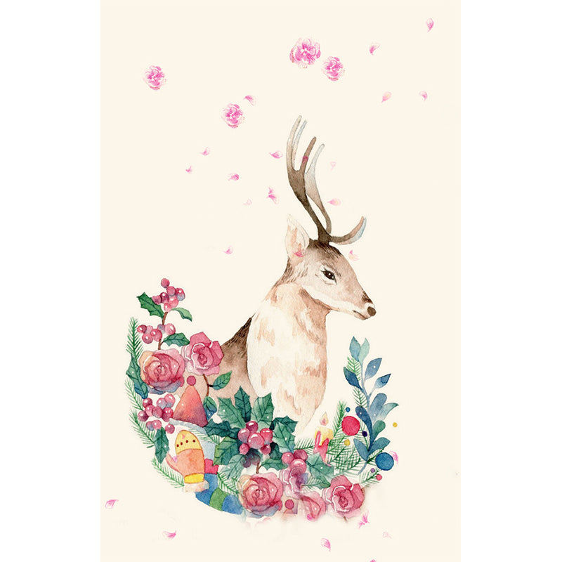 Artistic Deer Wall Covering Murals Pink and Green Flower Wall Decor for Living Room Clearhalo 'Wall Decor' 'Wall Mural' 1186227