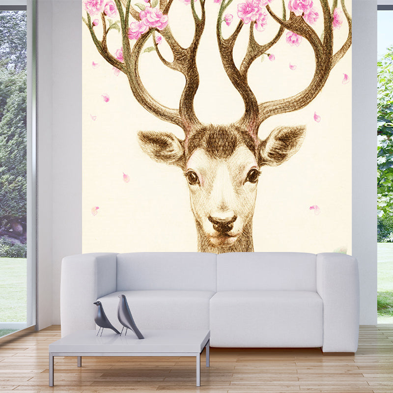 Artistry Girls Wall Mural with Flower on Deer Antler Drawing Pattern Beige Wall Covering for Decor Beige Clearhalo 'Wall Decor' 'Wall Mural' 1186229